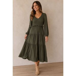 Doe and Rae Olive Smocked Midi Dress Small Cottagecore Boho